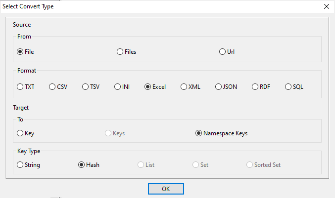 Import Excel file into Redis hash keys in same namespace - task window