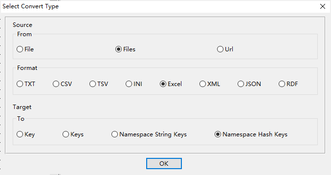 Batch import Excel files into Redis hash keys in same namespace - choose types