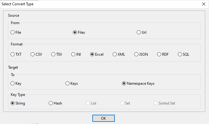 Batch import Excel files into Redis string keys in same namespace - task window