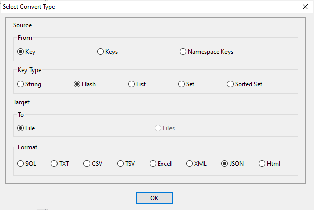 Export Redis data from hash key to Json file - task window