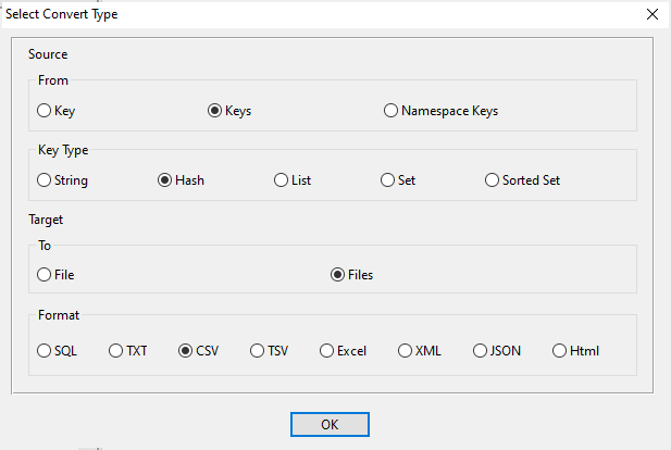 Batch export Redis data from hash keys to Csv files - task window