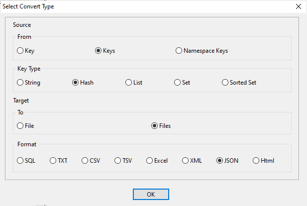 Batch export Redis data from hash keys to Json files - task window