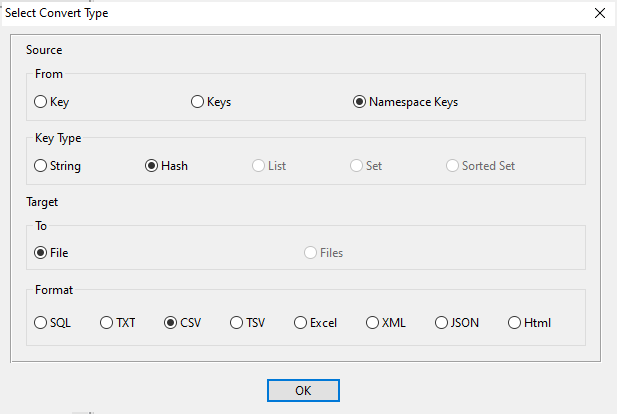 Export Redis data from hash keys in same namespace to Csv file - export type window