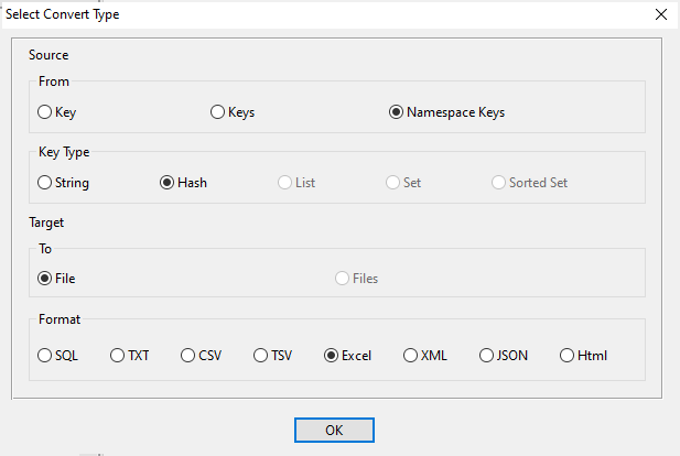 Export Redis data from hash keys in same namespace to Excel file - export type window