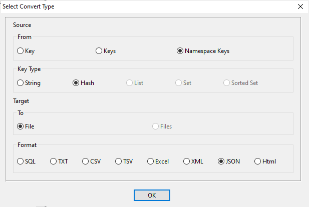 Export Redis data from hash keys in same namespace to Json file - export type window