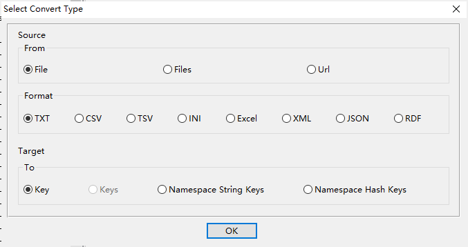 Import Redis Key Data - Choose source file type