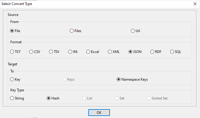 Import JSON file into Redis hash keys in same namespace - task window