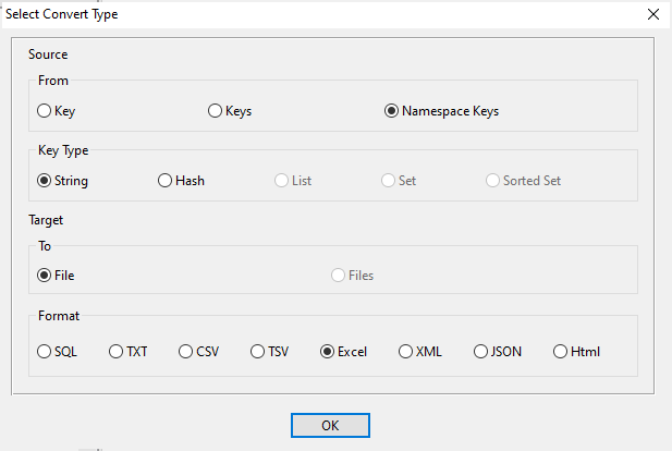 Export Redis data from string keys in same namespace to Excel file - export type window