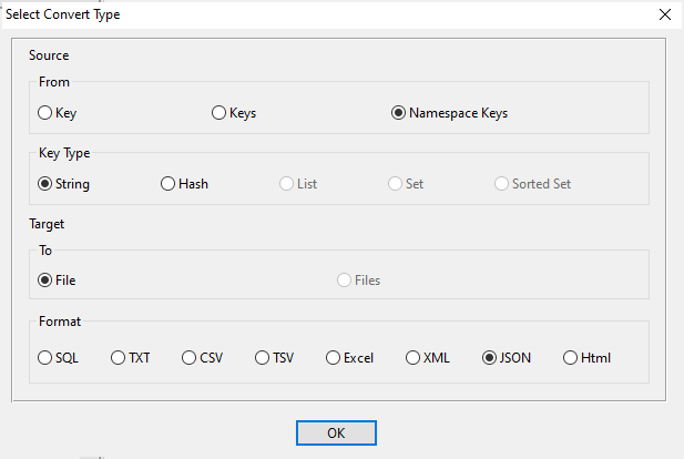 Export Redis data from string keys in same namespace to Json file - export type window