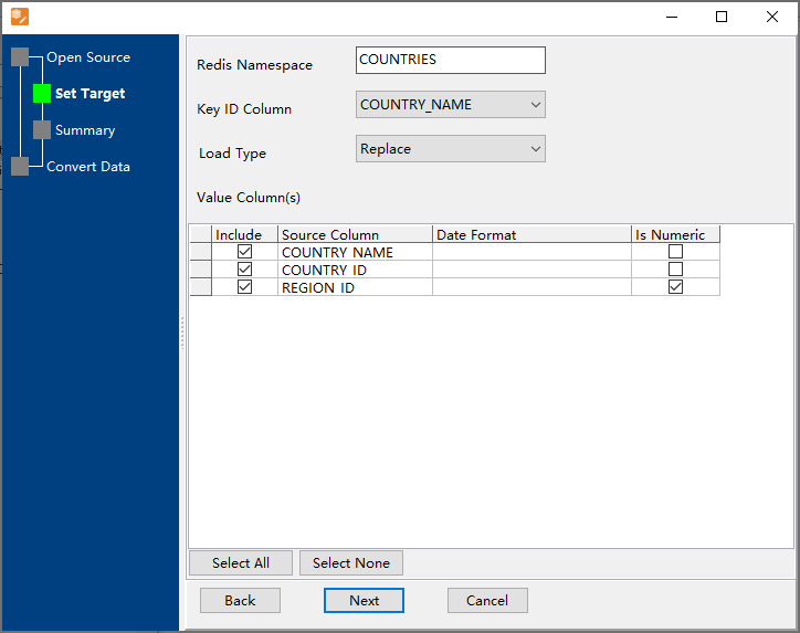 Import CSV file into Redis string keys in same namespace - config destination string keys namespace