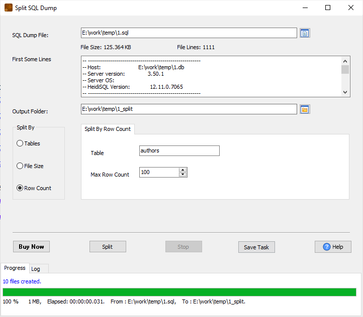Split huge SQL dump file to smaller files by row count