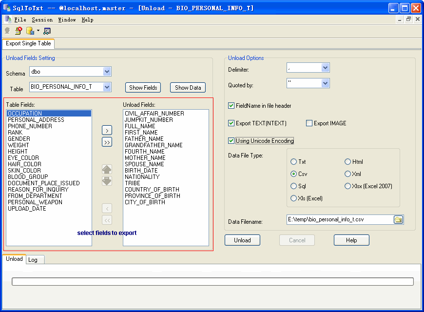 select table and config export options