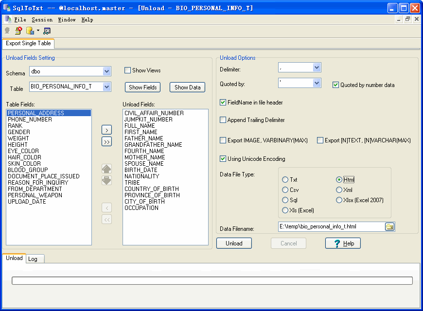 select table and config export options