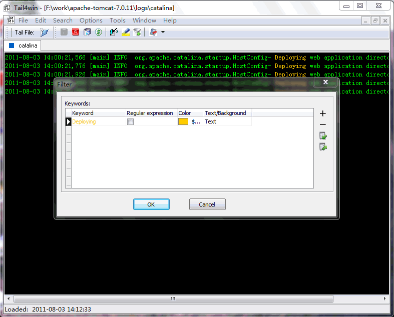 Filtering a log file while it is followed in Tail4win