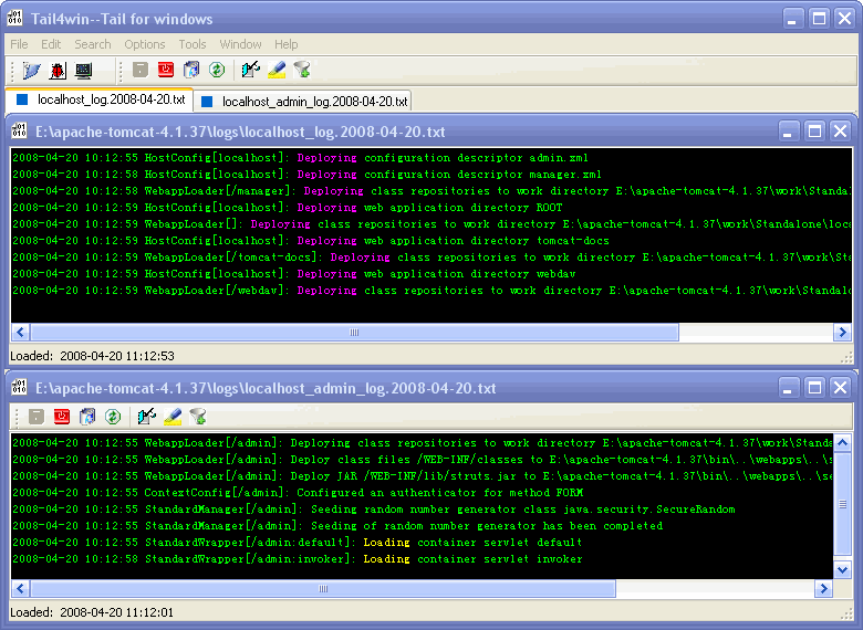 Several log files followed in one Tail4win window