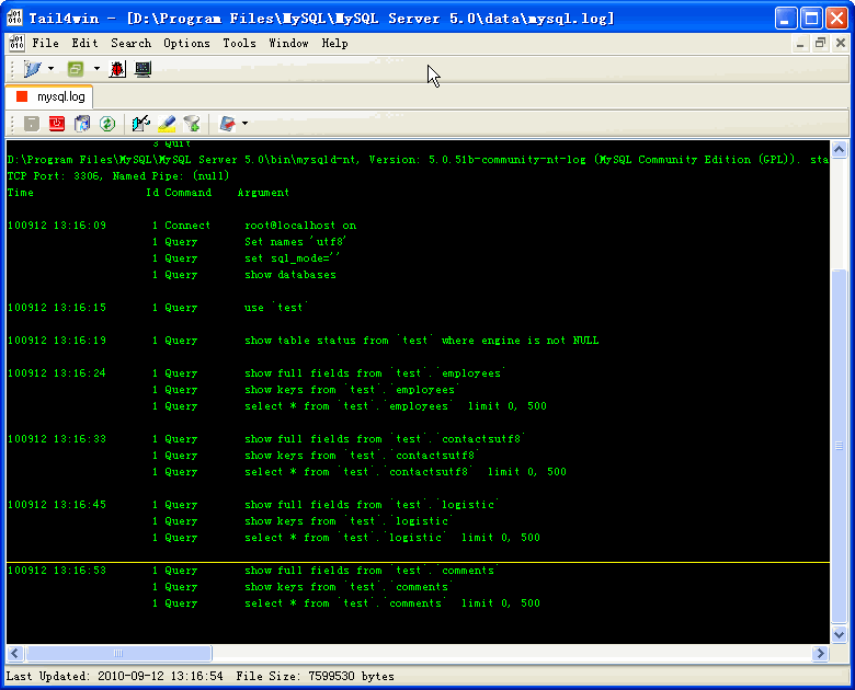 tail mysql log on windows