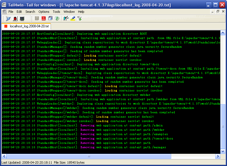 A log file being followed in real time in Tail4win