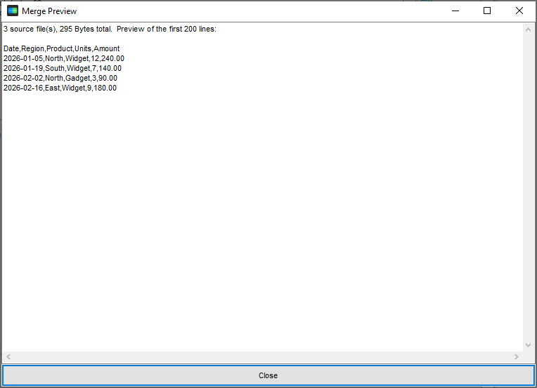 The merged CSV in the preview with duplicate rows and blank lines removed