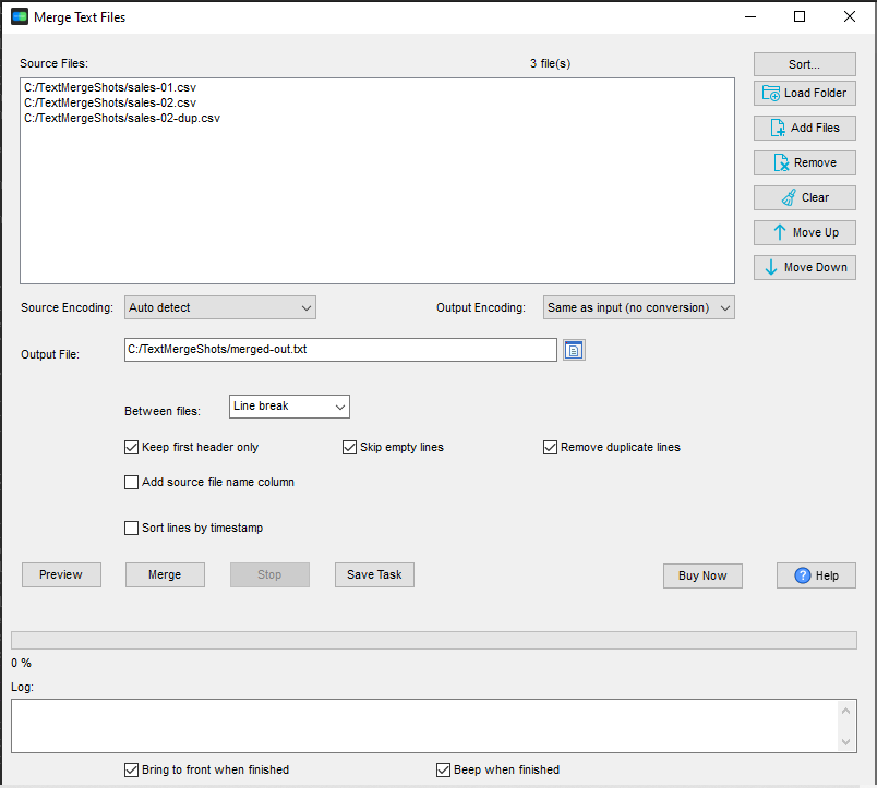 TextMerger merging overlapping CSV exports with Skip empty lines and Remove duplicate lines ticked