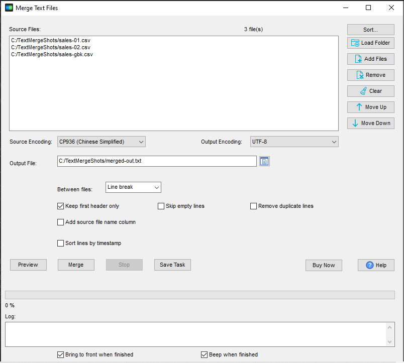 TextMerger merging a GBK file with UTF-8 output: Source Encoding CP936, Output Encoding UTF-8