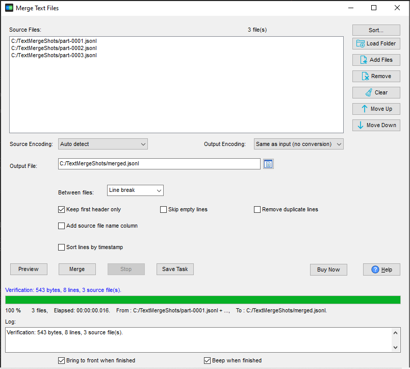 A folder of JSONL shards merged into one file in TextMerger