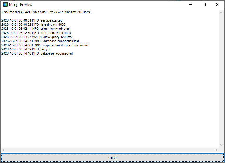 The merged log file in the merge preview, interleaved in timestamp order