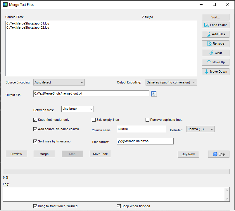 TextMerger with Sort lines by timestamp and a time format set, merging two log files