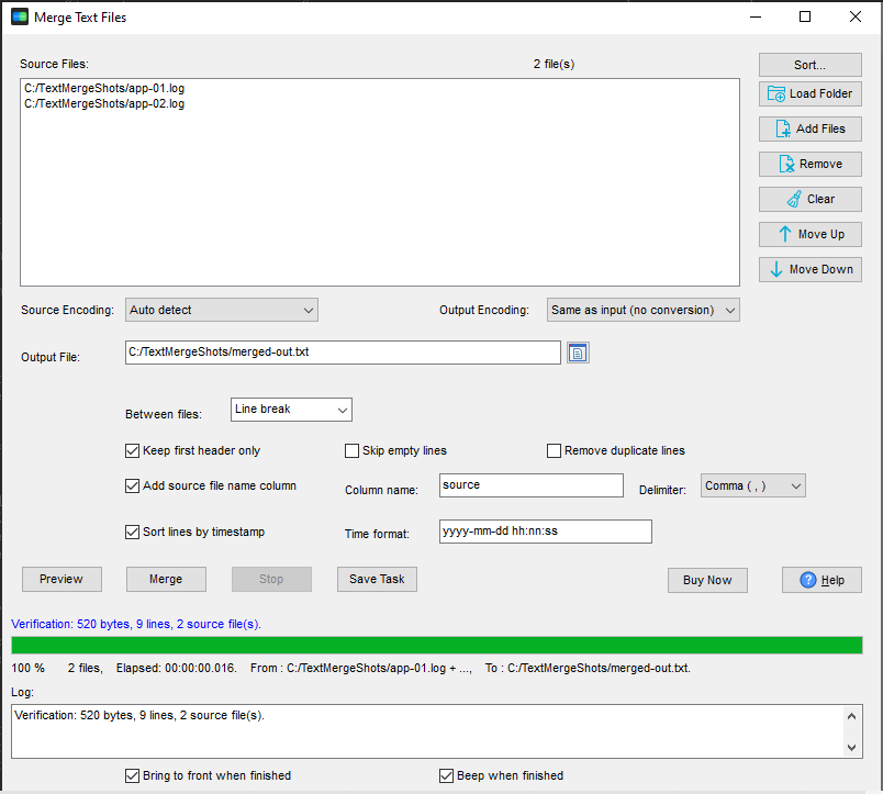 TextMerger after merging two log files in timestamp order, with the result verified