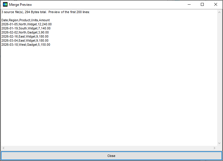 The TextMerger merge preview showing the first 200 lines of the merged result