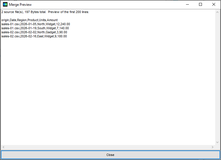 The merged CSV in the preview with an origin column showing which file each row came from