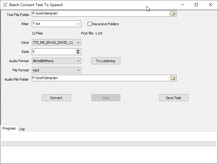 Batch convert from text files to speech in audio formats like  .mp3, .wav files - convert by task