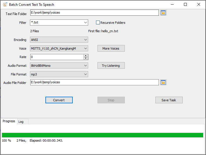 Batch convert from text files to speech in audio formats like  .mp3, .wav files - batch convert