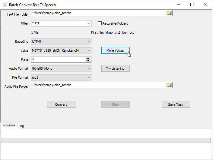 Batch convert from text files to speech in audio formats like  .mp3, .wav files - more voices