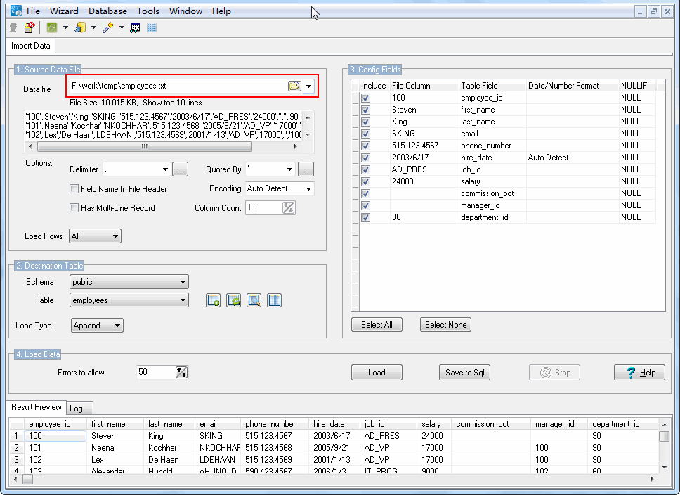 Import data from Csv (Txt) to PostgreSQL - select csv file