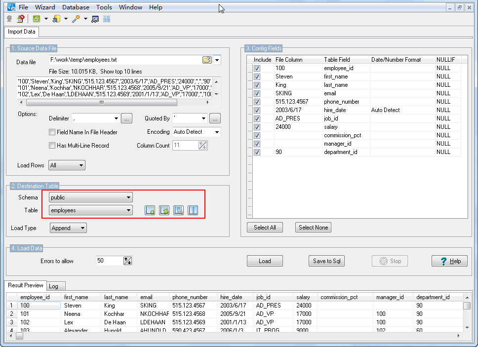 Import data from Csv (Txt) to MySQL - select table