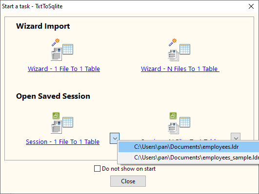 TXT (CSV) To SQLite - load session button