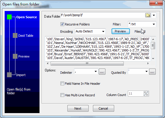 Batch import Csv (Txt) data To MySQL - select a folder