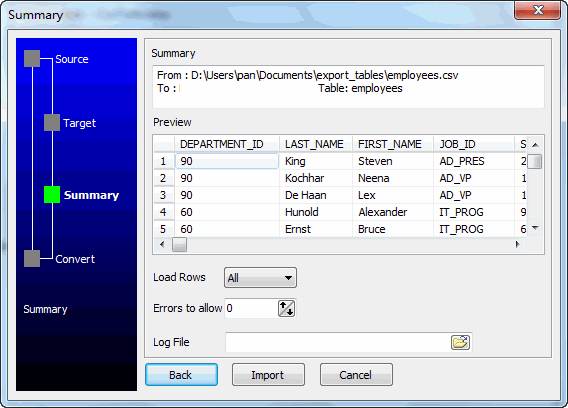 Transfer Data From CSV File To Oracle - preview
