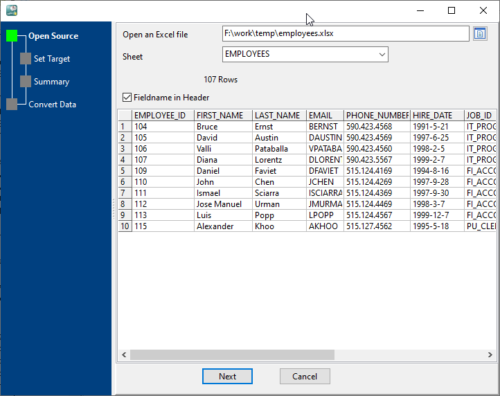 Import Excel data To PostgreSQL - select a file