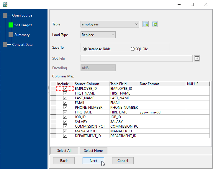 Import data from file To DB2 - select table