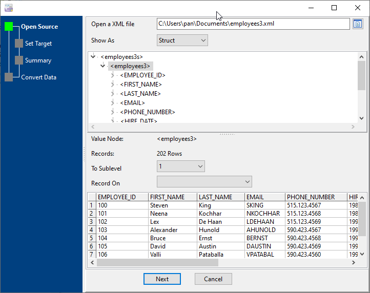 Import XML data To SQLite - select a file