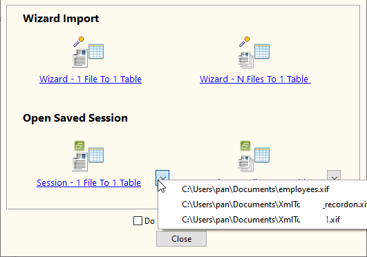 XML To Access - load session button